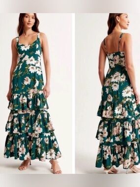 Abercrombie & Fitch Dark Green Floral Tiered Maxi Dress